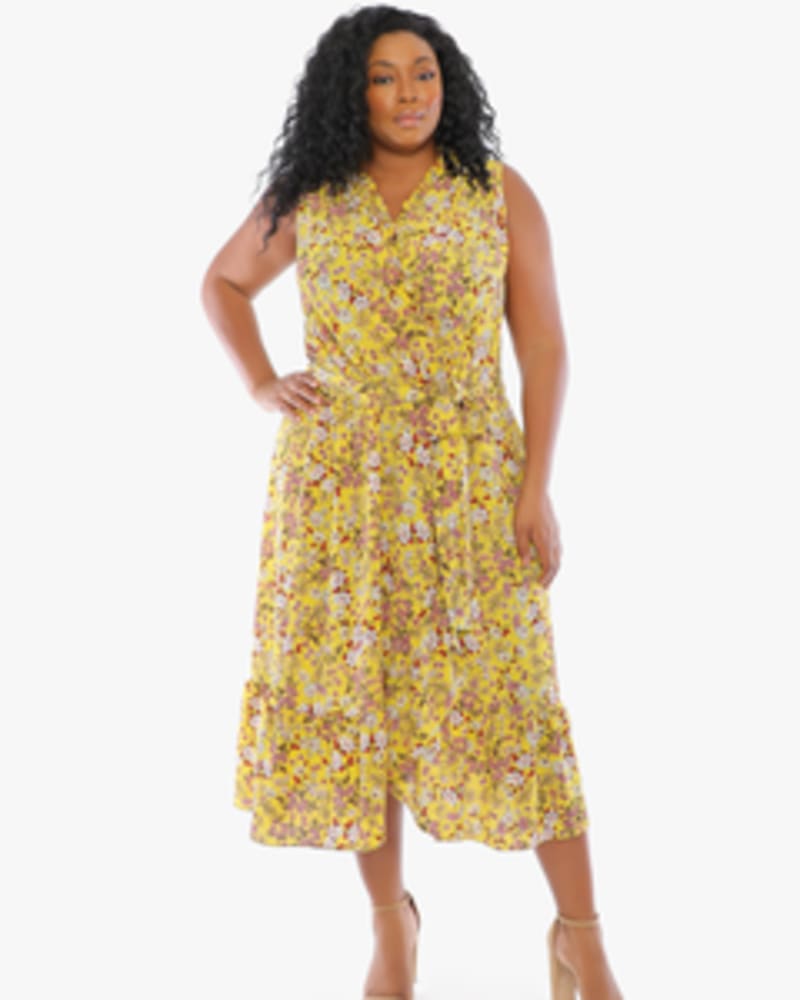 Front of a model wearing a size 14W Andrea Ruffle Wrap Dress in YELLOW by London Times. | dia_product_style_image_id:254807
